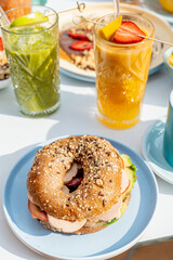 bagel with cheese and smoothies