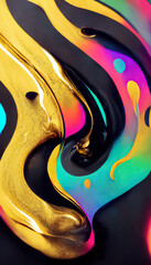 Creative colorful neon gold abstract dynamic twisted fluid liquid shape background. 3D illustration.