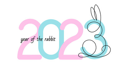 Banner 2023 year of the rabbit on a white background. Rabbit in one line in doodle style