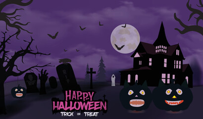 Happy halloween banner or party invitation background with nice house and pumpkins