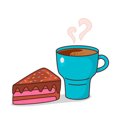 A cup of coffee with cream and a piece of chocolate cherry cake. vector