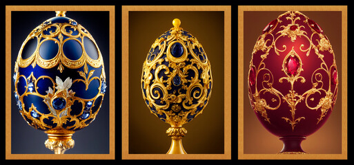 Set of three art compositions Faberge eggs, jewelry with topazes, diamonds and rubies. 