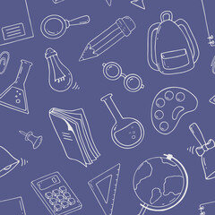 Vector school icons seamless pattern. Back to school, education, study. Doodle icons.