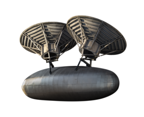 A vintage satellite with two radar dishes isolated