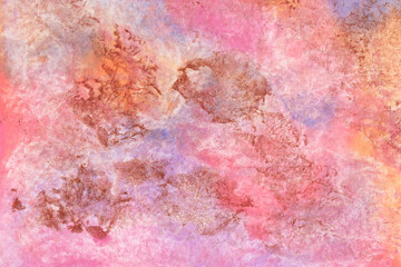 Rough multicolored watercolor texture with golden scuffs. Abstract hand-drawn background in pink and purple colors.