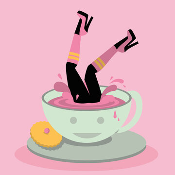 Woman diving into a coffee cup