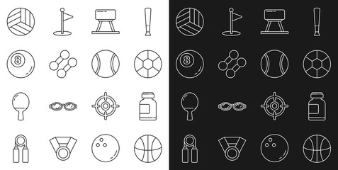 Fototapeta premium Set line Basketball ball, Sports nutrition, Football, Pommel horse, Dumbbell, Billiard pool snooker, Volleyball and Tennis icon. Vector