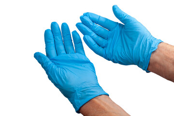 hands with blue surgical gloves isolated on white background