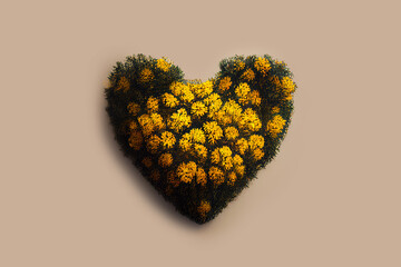 Surprise for the woman you love. Romantic gift for valentine's day. Greeting card design. Bouquet of yellow flowers in the shape of a heart. Heart of flowers - A symbol of love and devotion