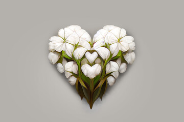 Bouquet of white flowers in the shape of a heart. Heart of flowers - A symbol of love and devotion. Romantic gift for valentine's day. Surprise for the woman you love. Greeting card design