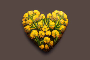 Surprise for the woman you love. Romantic gift for valentine's day. Bouquet of yellow flowers in the shape of a heart. Heart of flowers - A symbol of love and devotion. Greeting card design
