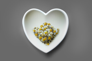 Romantic gift for valentine's day. Plate of white flowers in the shape of a heart. Surprise for the woman you love. Heart of flowers - A symbol of love and devotion. Greeting card design