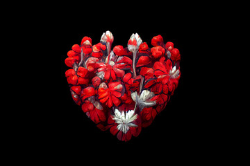 Bouquet of red flowers in the shape of a heart. Surprise for the woman you love. Greeting card design. Romantic gift for valentine's day. Heart of flowers - A symbol of love and devotion