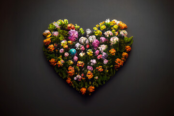Bouquet of colorful flowers in the shape of a heart. Heart of flowers - A symbol of love and devotion. Romantic gift for valentine's day. Greeting card design. Surprise for the woman you love