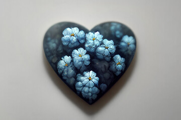 Surprise for the woman you love. Romantic gift for valentine's day. Bouquet of blue flowers in the shape of a heart. Greeting card design. Heart of flowers - A symbol of love and devotion