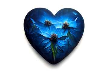 Bouquet of blue flowers in the shape of a heart. Heart of flowers - A symbol of love and devotion. Romantic gift for valentine's day. Surprise for the woman you love. Greeting card design