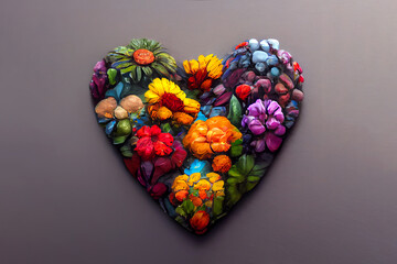 Bouquet of colorful flowers in the shape of a heart. Surprise for the woman you love. Romantic gift for valentine's day. Greeting card design. Heart of flowers - A symbol of love and devotion