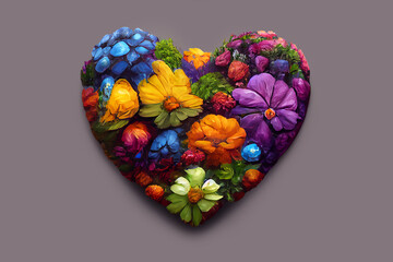 Bouquet of colorful flowers in the shape of a heart. Romantic gift for valentine's day. Surprise for the woman you love. Greeting card design. Heart of flowers - A symbol of love and devotion