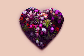 Surprise for the woman you love. Greeting card design. Romantic gift for valentine's day. Heart of flowers - A symbol of love and devotion. Bouquet of colorful flowers in the shape of a heart