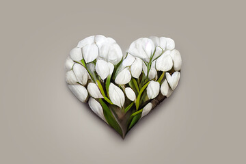 Bouquet of white flowers in the shape of a heart. Surprise for the woman you love. Greeting card design. Heart of flowers - A symbol of love and devotion. Romantic gift for valentine's day