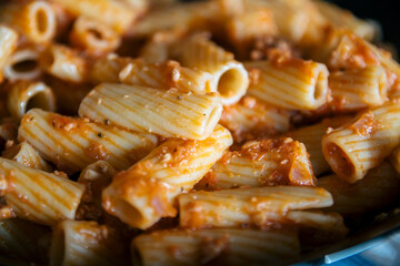 Close-up shot of pasta with meat sauce