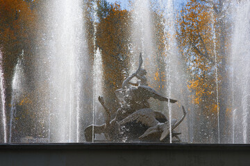 Autumn landscape with fountain in old park of Lviv, Ukraine , close-up