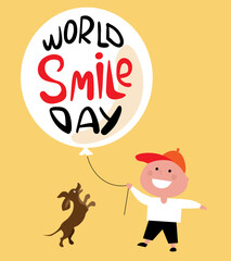 World smile day. Smiling young boy with ballon in hand isolated on yellow background.