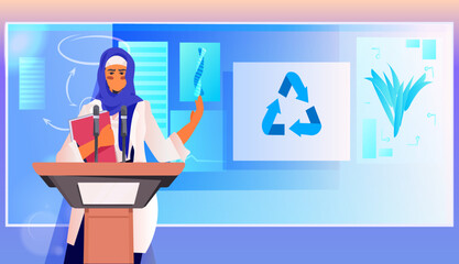 arab woman giving speech at tribune sustainable ESG development responsibility of co2 emission environmental conservation