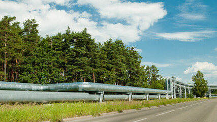 pipeline, in the photo the pipeline against the background of the blue sky and the forest, in the foreground the road