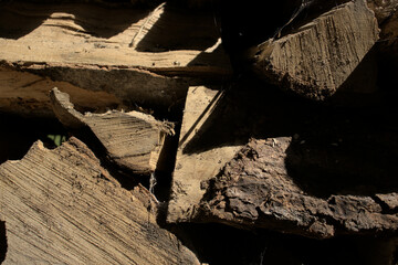 Close-up on the texture of the cut and stored wood.