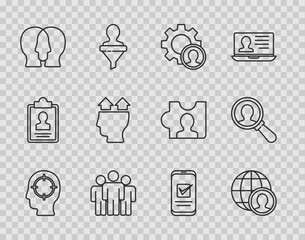 Set line Head hunting, Globe and people, Users group, Project team base, of man, Smartphone and Magnifying glass for search icon. Vector