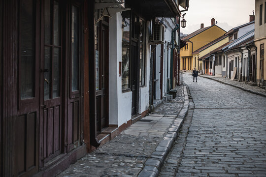 Old, historic, narrow street covered in cobblestone in Valjevo, Serbia