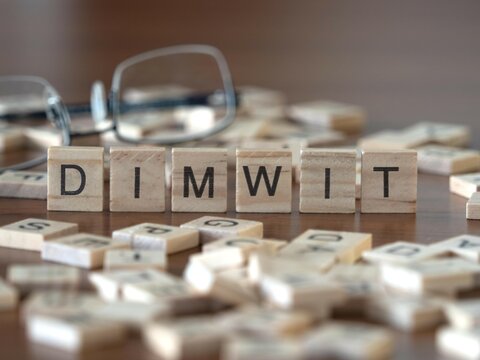 dimwit word or concept represented by wooden letter tiles on a wooden table with glasses and a book