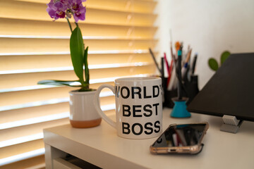 blur effect, workplace table with cup "world's best boss" of coffee, closeup of office supplies, stationary, plant orchid, cactus, smartphone near laptop, computer mouse, work from home, study room