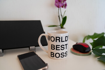 blur effect, workplace table with cup 