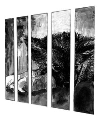 A puppy lies sadly locked in a cage. Monochrome illustration handmade with feather and paint.