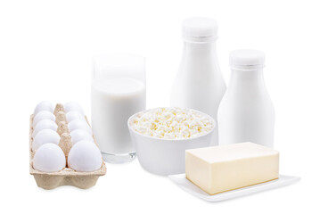 Obraz na płótnie Canvas Set of dairy products such as milk, cottage cheese, yoghurts and eggs on a white isolated background