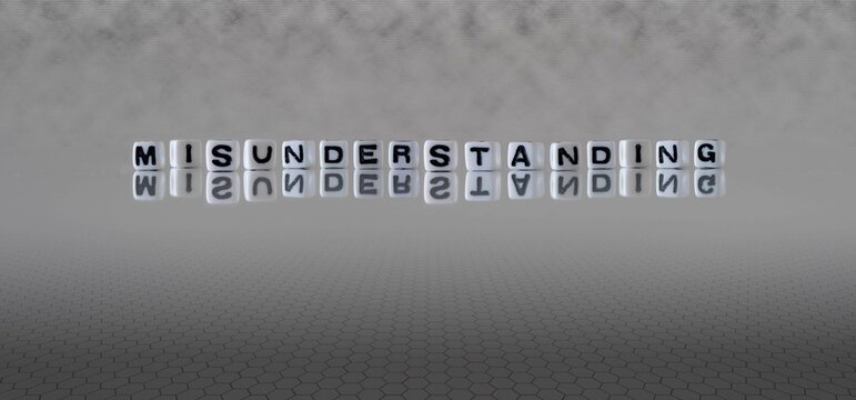 misunderstanding word or concept represented by black and white letter cubes on a grey horizon background stretching to infinity