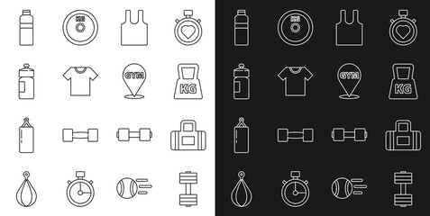 Set line Dumbbell, Sport bag, Weight, Sleeveless T-shirt, Fitness shaker, and Location gym icon. Vector