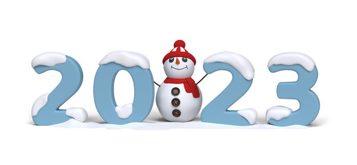 2023 New Year design with cute snowman. Clipping path. 3D image