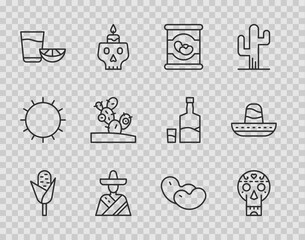 Set line Corn, Mexican skull, Beans in, man sombrero, Tequila glass with lemon, Cactus, and icon. Vector