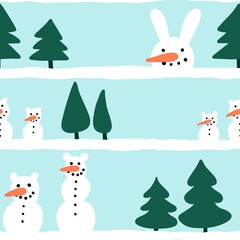 Winter seamless snowman and snowflakes pattern for Christmas wrapping paper and kids notebooks