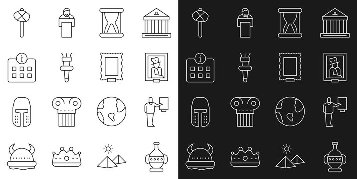 Set line Ancient amphorae, Museum guide, Portrait in museum, Old hourglass with sand, Torch flame, Information, Stone age hammer and Picture icon. Vector