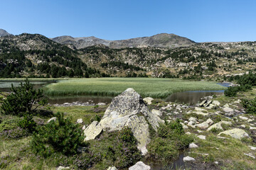 un rocher devant un lac vert et une chaine de montagne dans les pyrénés