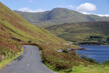 Fototapeta na wymiar Beautiful view of R335 Road and Killary Harbour on the side of Ben Gorm mountain on a sunny day, County Mayo, Ireland