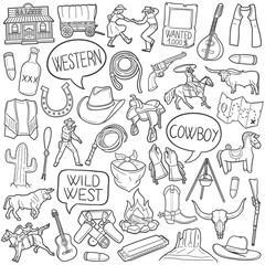 Cowboy Doodle Icons. Hand Made Line Art. Western Clipart Logotype Symbol Design.