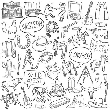 Cowboy Doodle Icons. Hand Made Line Art. Western Clipart Logotype Symbol Design.