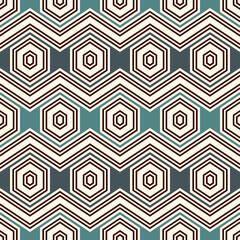 Zigzag seamless pattern. Hexagon mosaic tiles ornament. Ethnic surface print. Repeated geometric figures background