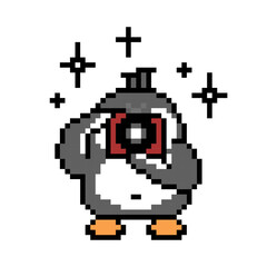 Penguin photographer taking a picture with a camera, pixel art animal character isolated on white background. Old school retro 80s-90s 8 bit slot machine, video game graphics. Cartoon paparazzi mascot