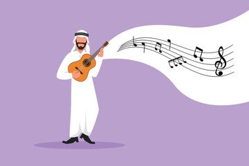 Business design drawing Arabian guy playing on ukulele and singing having fun. Male musician holding small guitar and singing. Man play on musical instrument. Flat cartoon style vector illustration